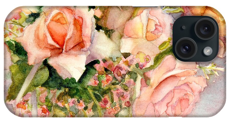 Peach Colored Roses iPhone Case featuring the painting Peach Roses in Vase by Bonnie Rinier