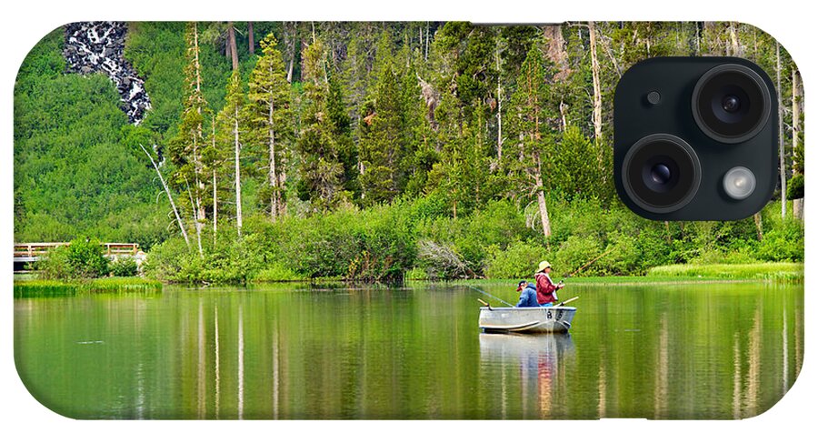 Lake Reflection Fishing Boat Waterfall Forest Morning Mountain M iPhone Case featuring the photograph Perfect Sunday - Two people fishing on a lake in Mammoth California. by Jamie Pham