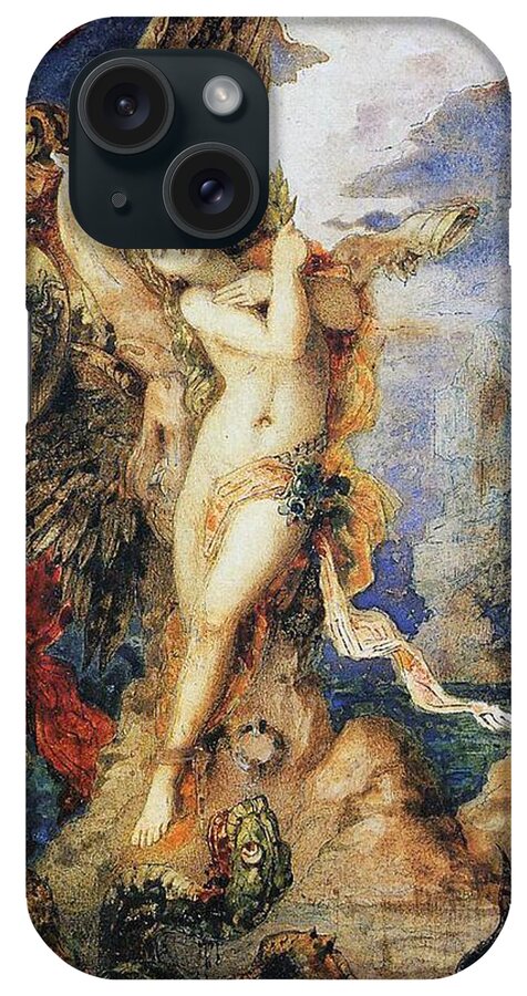 Mythological; Mythology; Greek Myth; Female; Nude; Sacrifice; Chained; Tied; Rock; Sea Monster; Beast; Dragon; Serpent; Rescue; Rescuing; Saving; Male; Pegasus; Horse; Wings; Winged; Shield; Head; Gorgon; Medusa; Rocks; Rocky; Hero; Lovers iPhone Case featuring the painting Perseus and Andromeda by Gustave Moreau