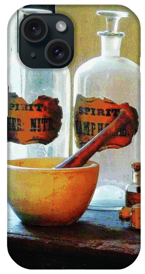 Druggist iPhone Case featuring the photograph Pharmacist - Mortar and Pestle With Bottles by Susan Savad