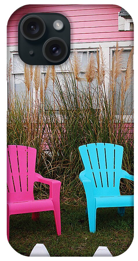 Pink iPhone Case featuring the photograph Pink and Blue Chairs by Jan Marvin by Jan Marvin