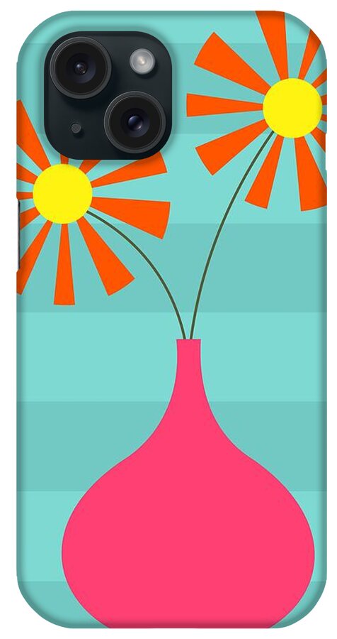70s iPhone Case featuring the digital art Pink Vase on Blue by Donna Mibus