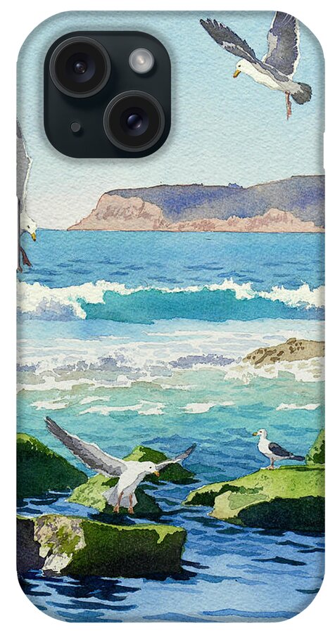 Point Loma iPhone Case featuring the painting Point Loma Rocks Waves and Seagulls by Mary Helmreich