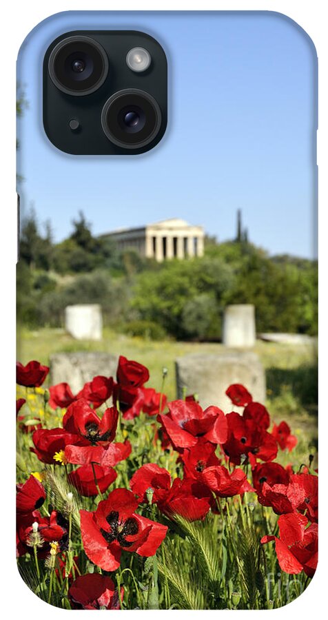 Poppy; Corn Poppy; Papaver Rhoeas; Red; Flower; Wild; Plant; Spring; Print; Photograph; Photography; Athens; Greece; Hellas; Ancient Market; Temple; Hephaestus; Antiquity; Blue; Sky; Ancient; Springtime; Season; Nature; Natural; Natural Environment; Natural World; Flora; Bloom; Blooming; Blossom; Flowers; Blossoming; Color; Colour; Colorful; Colourful; Earth; Environment; Country; Landscape; Countryside; Scenery; Macro; Close-up; Detail; Details; Artistic; Poppies iPhone Case featuring the photograph Poppy flowers in Ancient Market by George Atsametakis