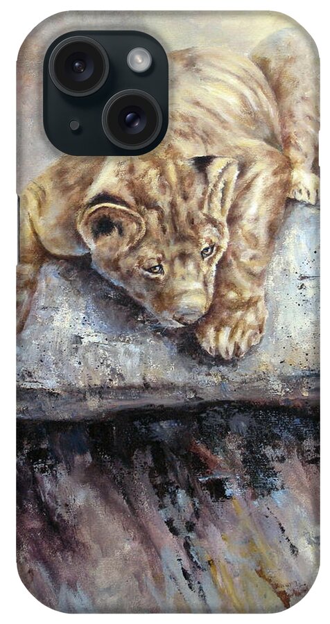 Lion Cub iPhone Case featuring the painting Pounce by Mary McCullah