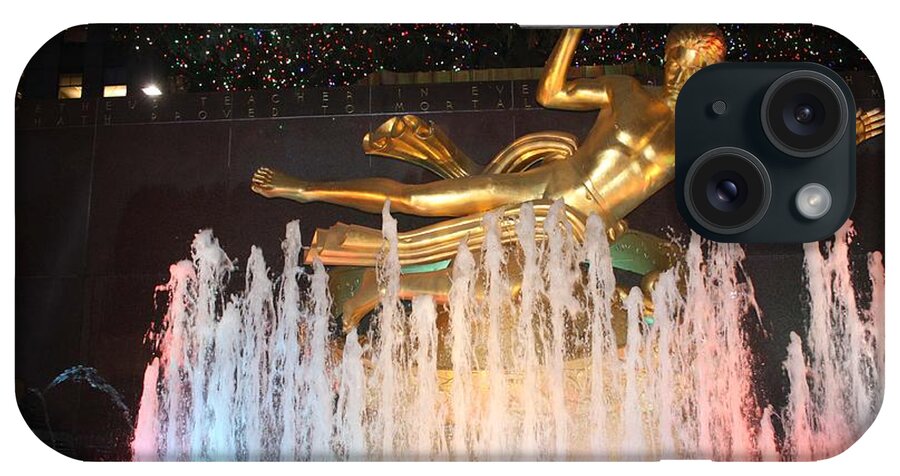 Prometheus Greek Statue In Rockefeller Ice Rink iPhone Case featuring the photograph Prometheus Greek Statue in Rockefeller Ice Rink by John Telfer