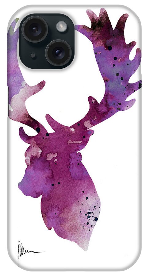 Deer iPhone Case featuring the painting Purple deer head silhouette watercolor artwork by Joanna Szmerdt