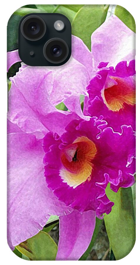 Purple Cattleya Orchids iPhone Case featuring the painting Purple Cattleya Orchids by Ellen Henneke
