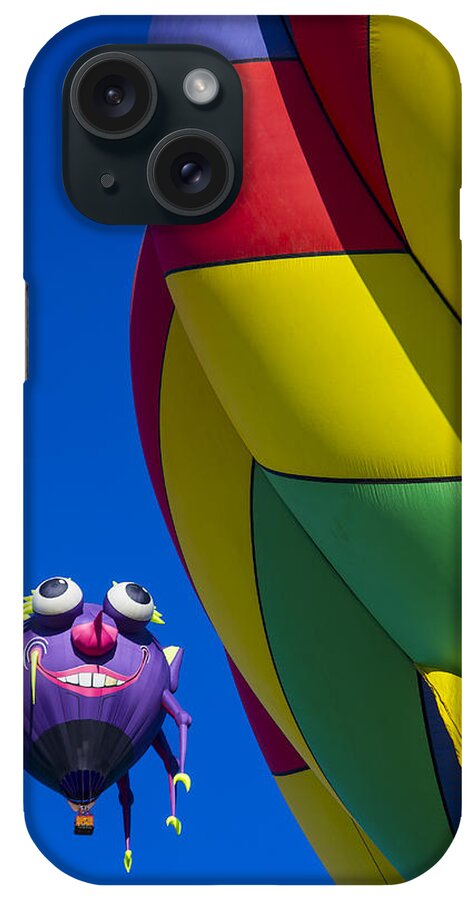 Purple People Eater Hot Air Balloon iPhone Case featuring the photograph Purple people eater smiling by Garry Gay