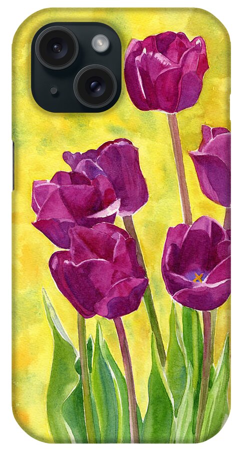 Contemporary Watercolor iPhone Case featuring the painting Purple Tulips Yellow Textured Background by Sharon Freeman