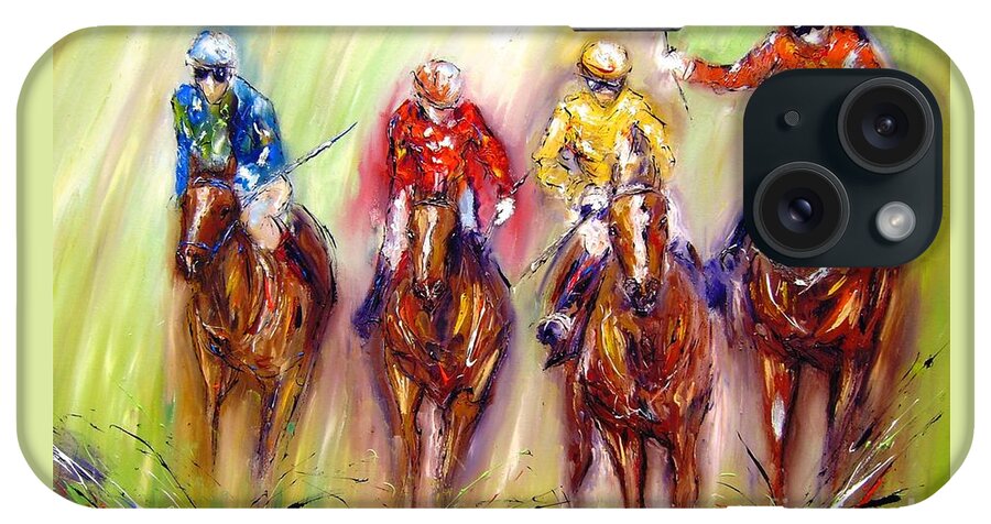 Racehorse iPhone Case featuring the painting Paintings of animals horses by Mary Cahalan Lee - aka PIXI
