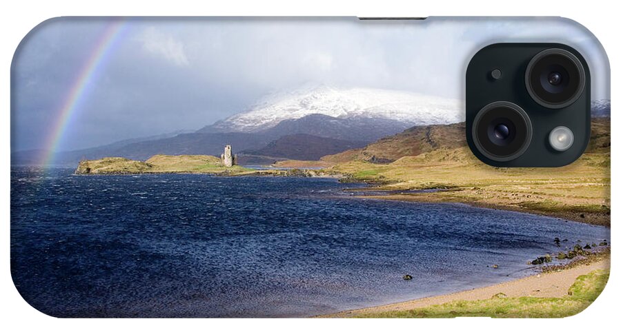 Quinag iPhone Case featuring the photograph Rainbow Over Ardveck Castle by Steve Allen/science Photo Library