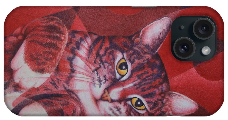 Cat iPhone Case featuring the painting Red Feline Geometry by Pamela Clements