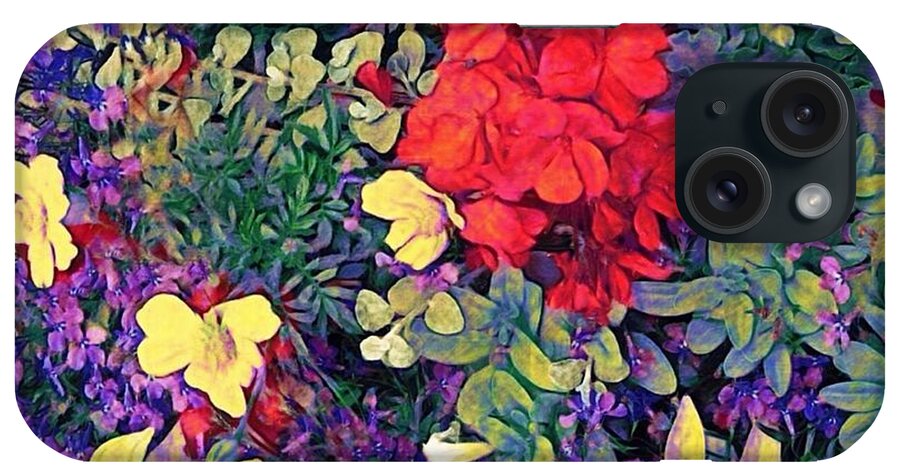Sharkcrossing iPhone Case featuring the digital art H Red Geranium with Yellow and Purple Flowers - Horizontal by Lyn Voytershark