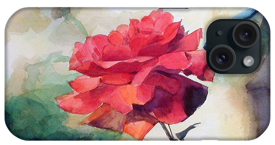 Red Rose iPhone Case featuring the painting Watercolor of a Single Red Rose on a Branch by Greta Corens