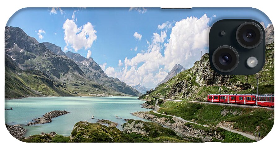 Grass iPhone Case featuring the photograph Red Train Bernina Pass In The Alps by Melinda Moore
