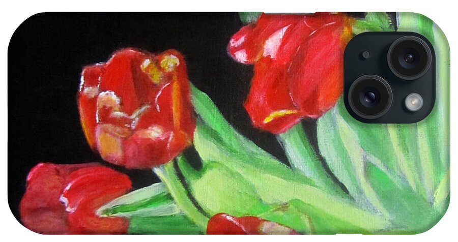 Tulips iPhone Case featuring the painting Red Tulips in Vase by Linda Feinberg
