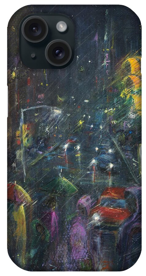 City iPhone Case featuring the painting Reflections of a Rainy Night by Leela Payne
