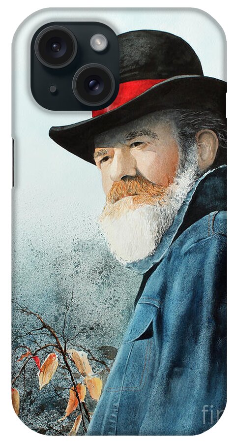 A Bearded Missourian In A Denim Jacket Wears A Black Derby With A Red Band. iPhone Case featuring the painting Renfro by Monte Toon