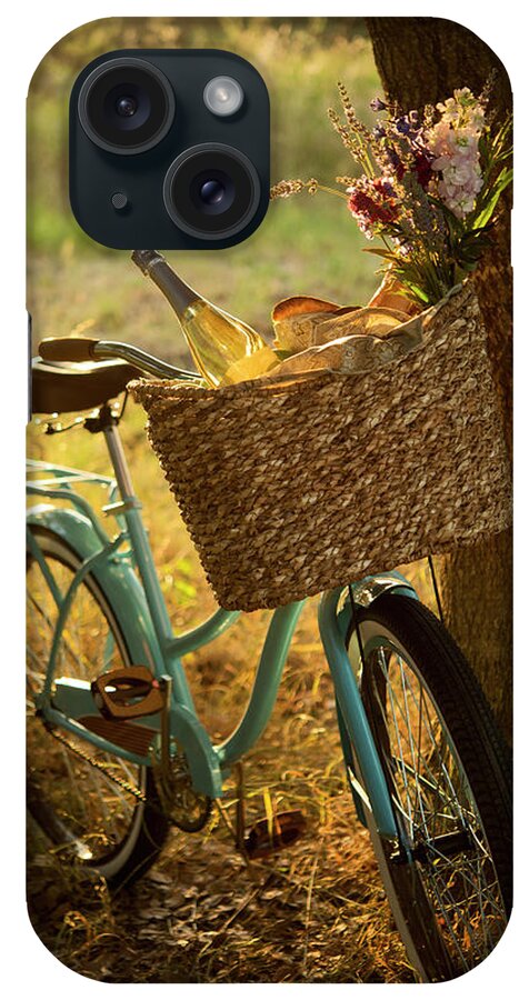 Grass iPhone Case featuring the photograph Retro Bicycle With Wine In Picnic by Nightanddayimages