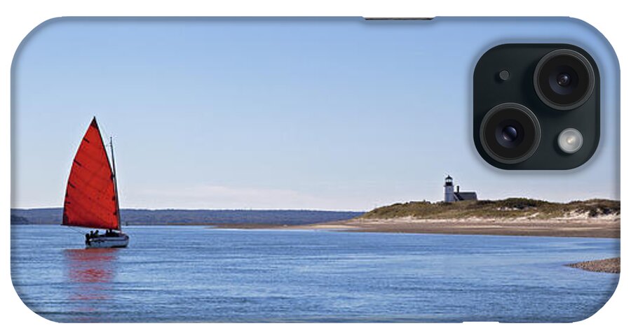 Sail iPhone Case featuring the photograph Ripple Catboat with Red Sail and Lighthouse by Charles Harden