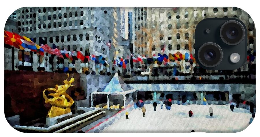 Rockefeller Center Ice Skating iPhone Case featuring the painting Rockefeller Center Ice Skaters NYC by Femina Photo Art By Maggie