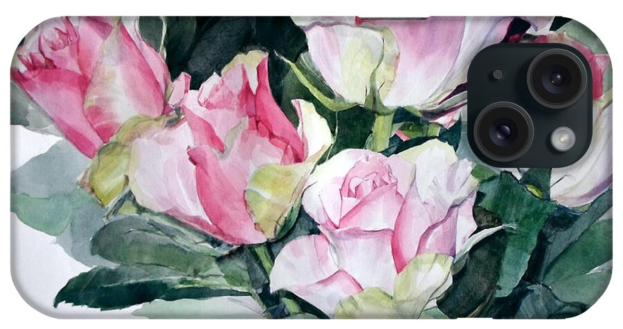 Watercolor Artist iPhone Case featuring the painting Watercolor of a Bouquet of Pink and White Roses #1 by Greta Corens