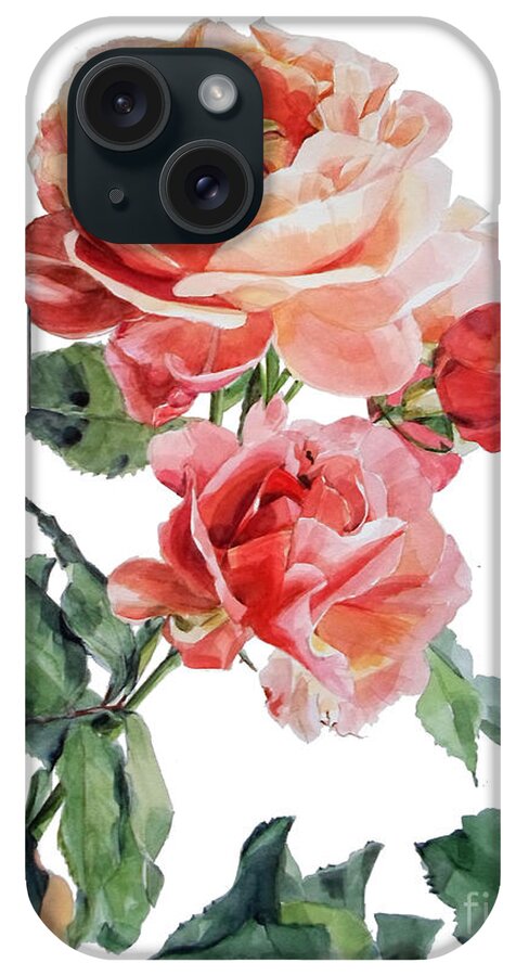 Watercolor iPhone Case featuring the painting Watercolor of Red Roses on a stem I call Rose Maurice Corens by Greta Corens