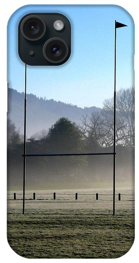 Mist Frost Park Goalpost Rugby Pitch Field Hills Winter Sun Cold Morning Sunrise Flags League Union Try Scrum Conversion All Blacks iPhone Case featuring the photograph Rugby season by Guy Pettingell