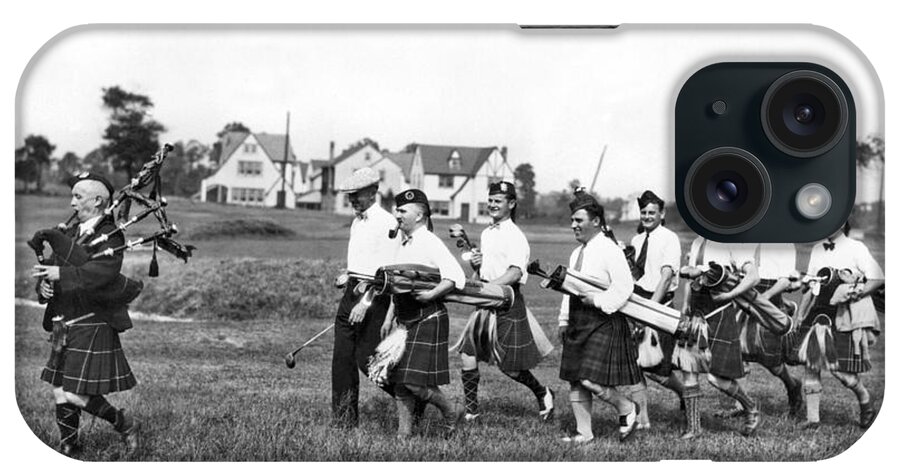 1920s iPhone Case featuring the photograph Scottish Golfers With Bagpipe by Underwood Archives