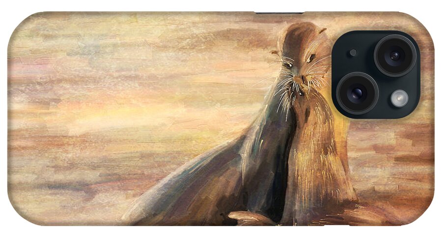 Sea Lion iPhone Case featuring the painting Sea Lion Mom and Pup Love on Galapagos Island by Angela Stanton