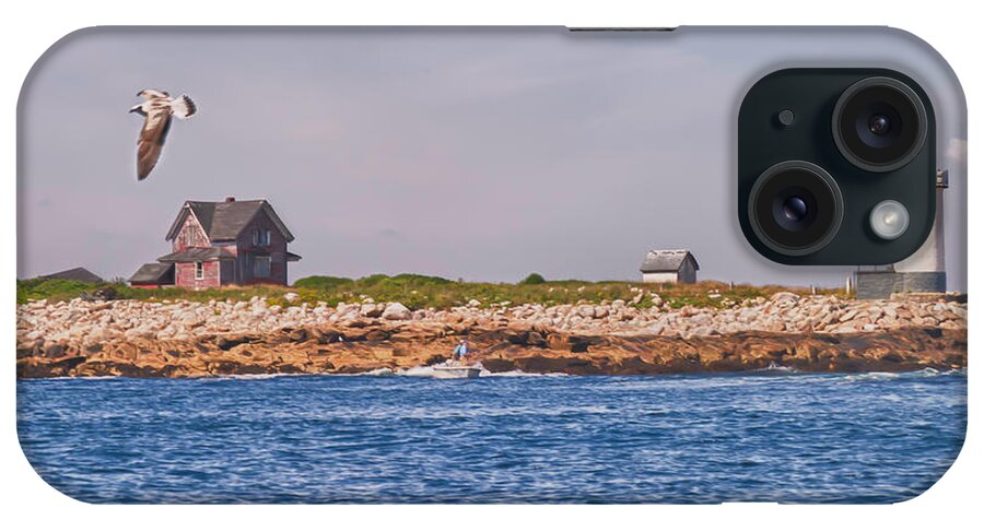 Lighthouse Solitude iPhone 15 Case featuring the photograph Seagull over Straitsmouth Lighthouse by Jeff Folger