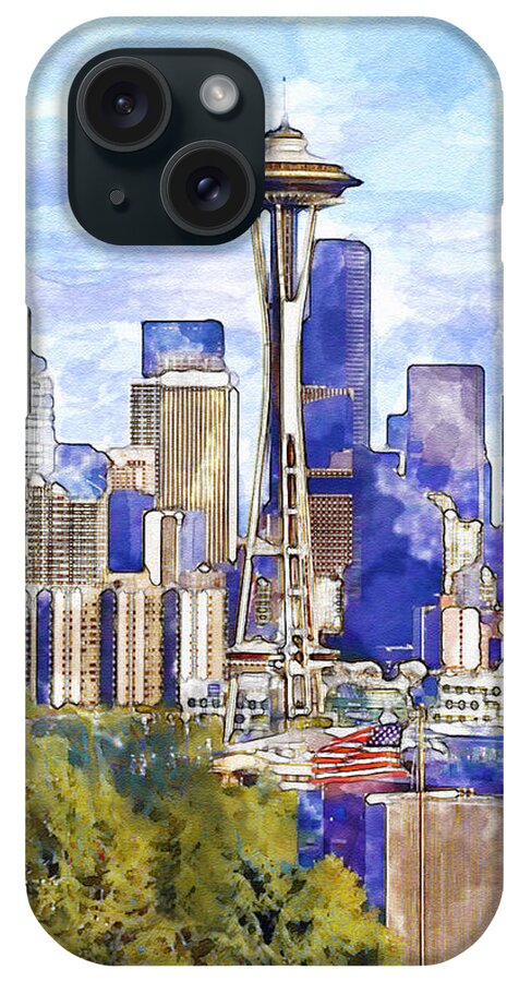 Marian Voicu iPhone Case featuring the painting Seattle View in watercolor by Marian Voicu