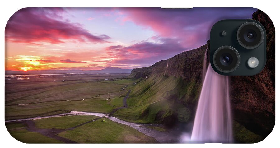 South Central Iceland iPhone Case featuring the photograph Seljalandsfoss Waterfall Midnight Sunset by Sandro Bisaro