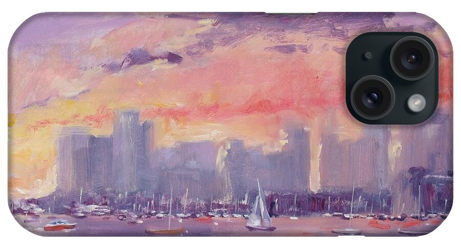 City iPhone Case featuring the painting Setting Sun over Boston by Laura Lee Zanghetti