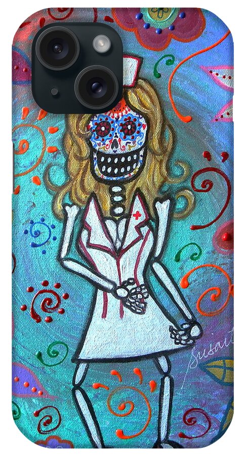 Sexy iPhone Case featuring the painting Sexy Blond Nurse Day Of The Dead by Pristine Cartera Turkus