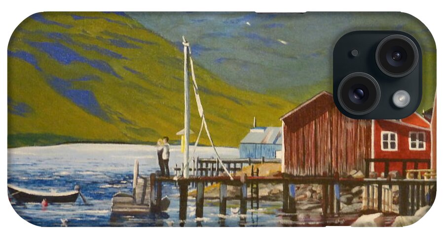 Mountains With Remnants Of Winter Snow iPhone Case featuring the painting Seydisfjordur Wharf by Barbara Ebeling