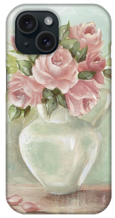 Pink Flowers iPhone Case featuring the painting Shabby Chic Pink Roses Painting on Aqua Background by Chris Hobel