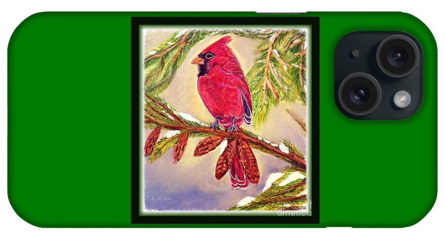 Red Male Cardinal Perched On A Evergreen Tree Branch With Pine Cones Snow Melting Light Filtering In With Blue Skies Behind It Cardinal Bird Paintings Nature Paintings Christmas Card Image Acrylic Painting iPhone Case featuring the painting Singing the Good News with Border by Kimberlee Baxter