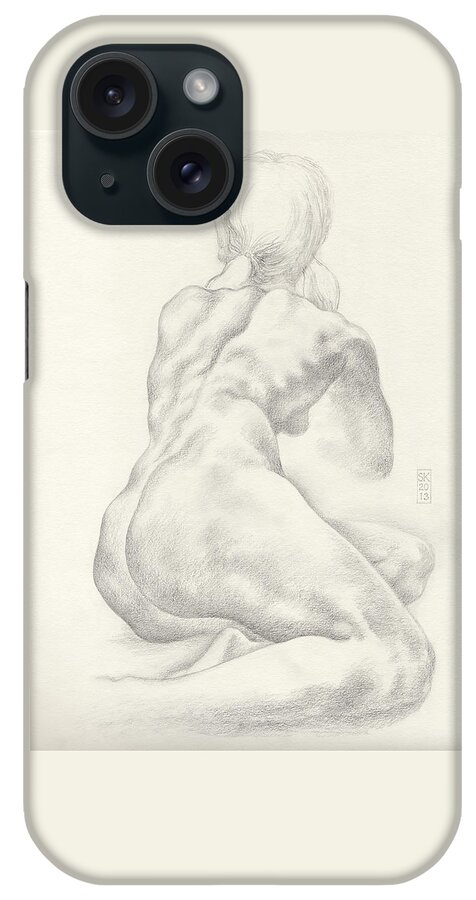 Female Nude iPhone Case featuring the drawing Sitting Female Nude in 4B Graphite with Twin Pony Tails Seen from Behind Looking Up to Her Left by Scott Kirkman