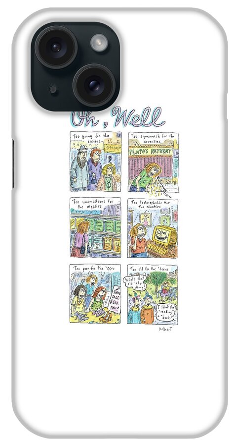 Six Panels Showing How A Woman Is Unable To Fit iPhone Case