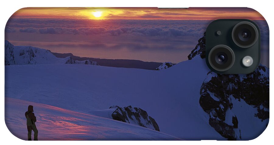 Feb0514 iPhone Case featuring the photograph Skier And Sunsert On Franz Josef Glacier by Colin Monteath
