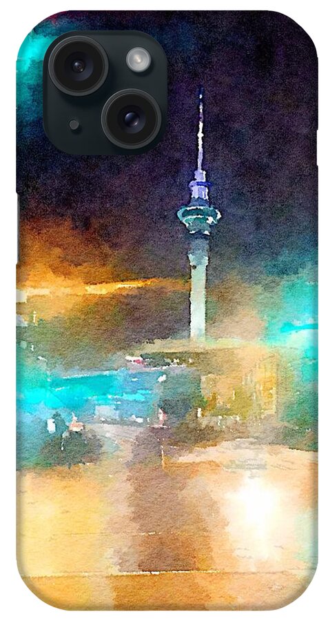 Sky Tower iPhone Case featuring the painting Sky Tower by night by HELGE Art Gallery