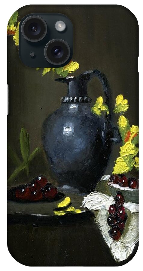 Colorful Yellow Snappy Dragons Dancing Around A Mysterious Blue Black Vase And Garnished With Vivid Red Grapes On Linen. iPhone Case featuring the painting Snappy Dragons by Ruben Carrillo