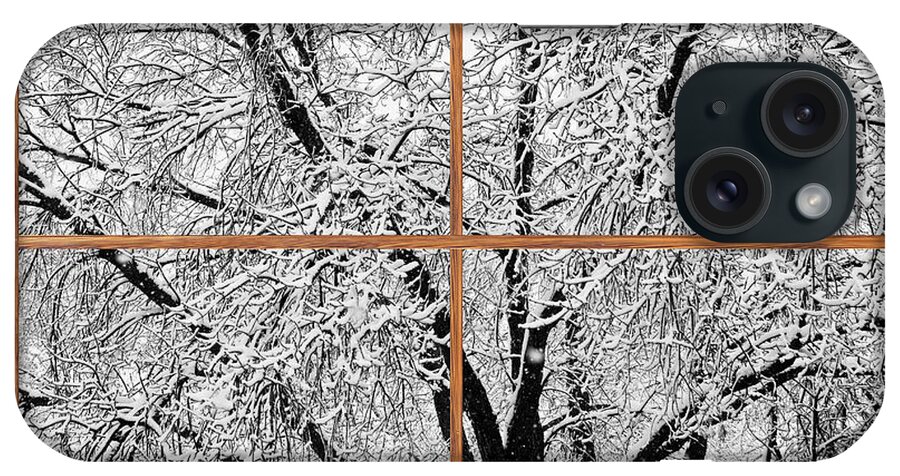 Windows iPhone Case featuring the photograph Snowy Tree Branches Barn Wood Picture Window Frame View by James BO Insogna