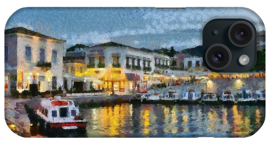 Spetses; Greece; Hellas; Greek; Argosaronic; Saronic; Gulf; Pier; Town; City; Chora; Ntapia iPhone Case featuring the painting Spetses town during dusk time by George Atsametakis