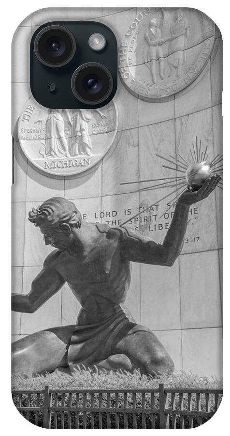 Detroit iPhone Case featuring the photograph Spirit of Detroit Black and White by John McGraw