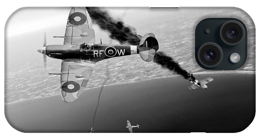 Spitfires iPhone Case featuring the photograph RAF Spitfires in Channel dogfight black and white version by Gary Eason