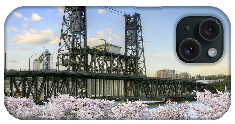 Steel iPhone Case featuring the photograph Steel Bridge and Cherry Blossom Trees in Portland Oregon by David Gn