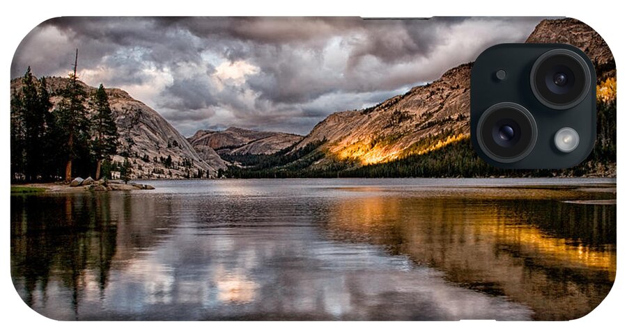 Water Reflection Lake Mountains Yosemite National Park Sierra Nevada Landscape Scenic Nature California Sunset Clouds Day Yellow Light Trees iPhone Case featuring the photograph Stormy Sunset at Tenaya by Cat Connor